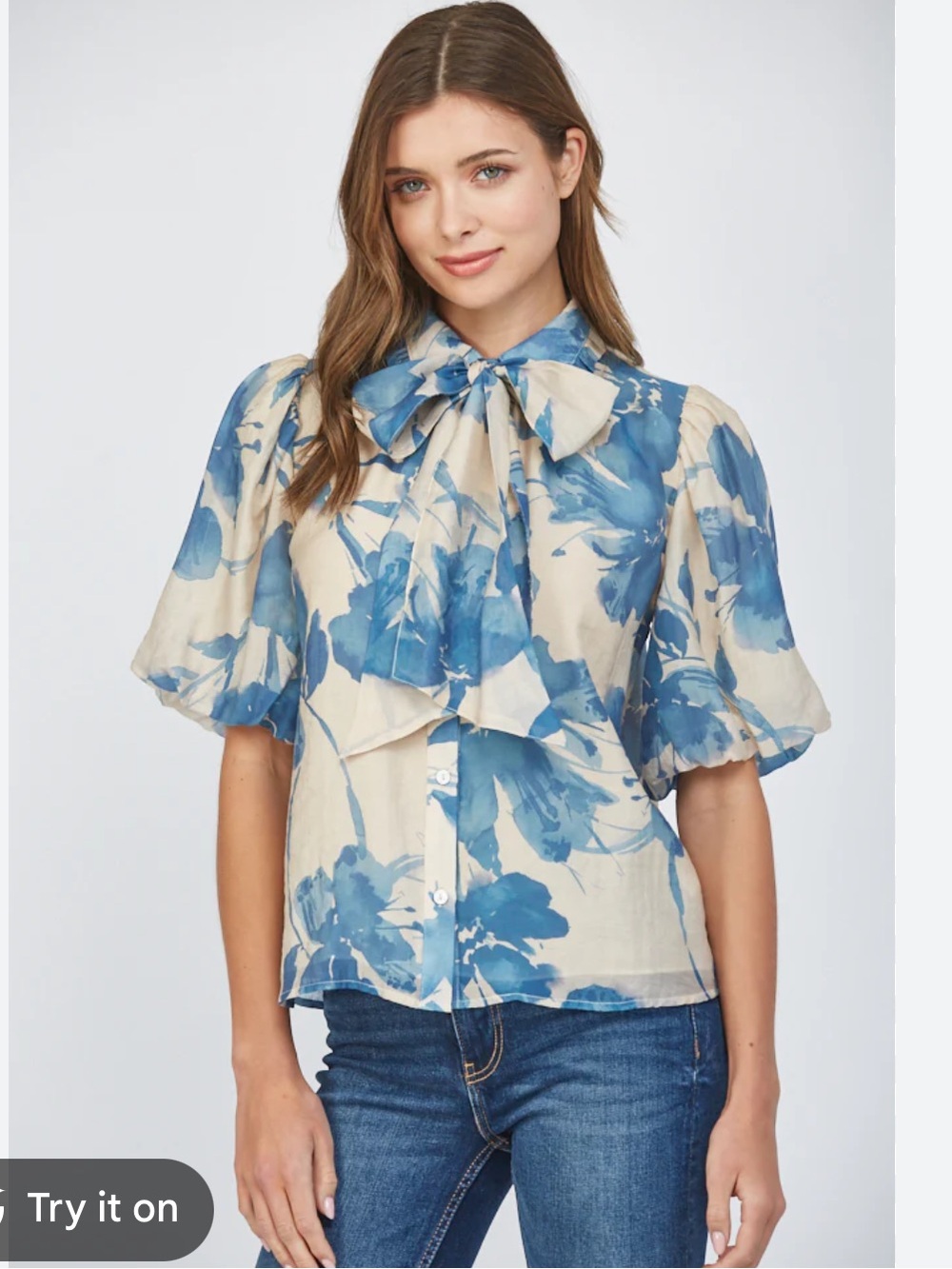 Fate Blue Floral Lantern Sleeve Tie-Neck Button Front Blouse size Large